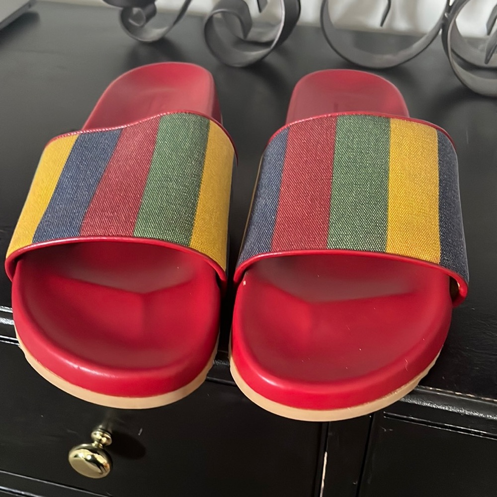Brand new Gucci Men's Red Multi Baiadera Slides Sandals Canvas Stripes